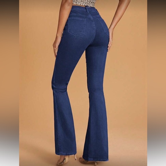 High Waisted Button Fitted Bell Bottom Light Blue - Picture 2 of 5